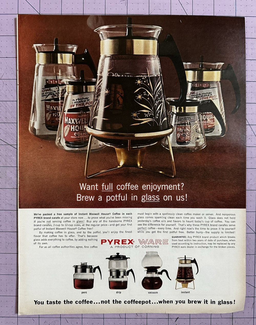 1964 VTG Orig Magazine Ad PYREX Ware Glass Coffee Enjoyment Pour A Potful